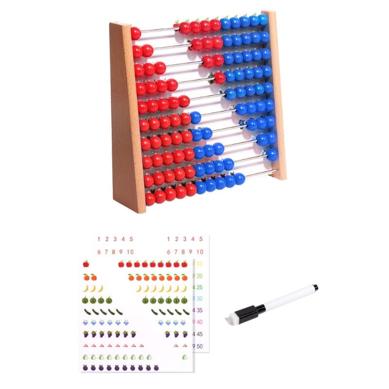 Abacus Counting Bead - 赤と青のビーズ付き木製そろばん、10行算数カウンティングフレームセット、練習カードとペン付き、家庭および就学前用 F19E