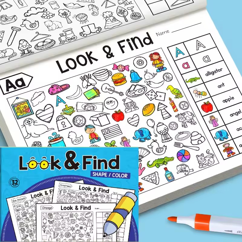 Kids Education In Us - 幼児向け探しと見つける塗り絵 32ページ 早期教育アクティビティ キッズシェイプカラーワークブック
