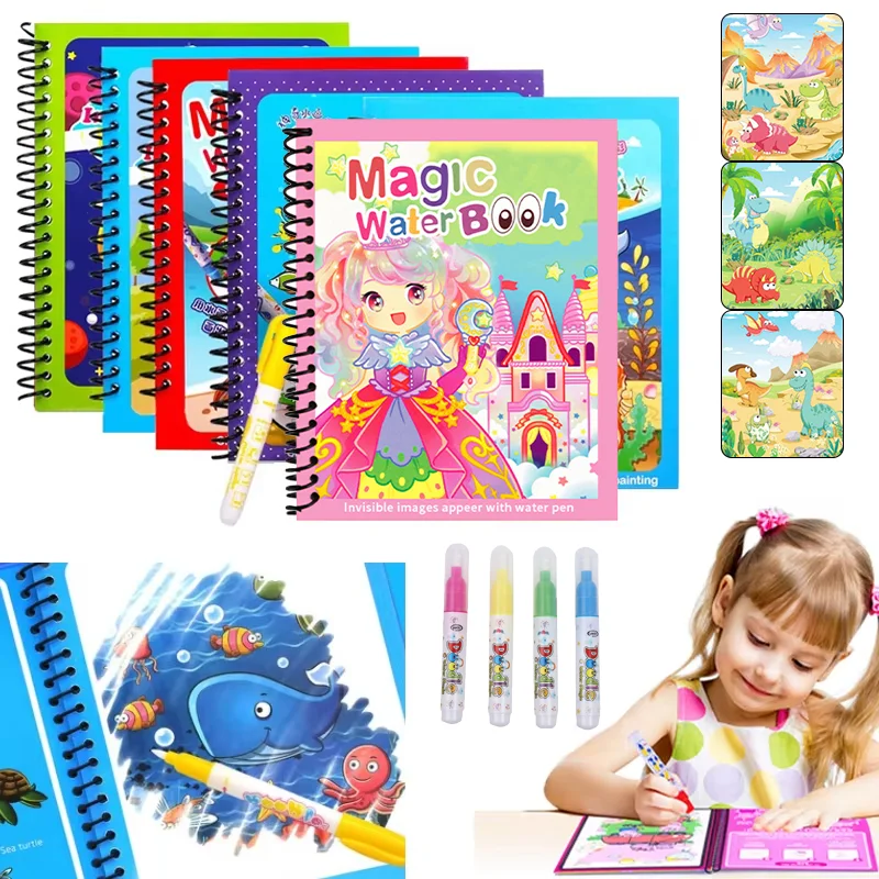 Kids Education Laptop - 漫画マジックウォータードローイングブック ウォーターペン付き 再利用可能な塗り絵ブック 早期学習教育用落書きおもちゃ 子供向け