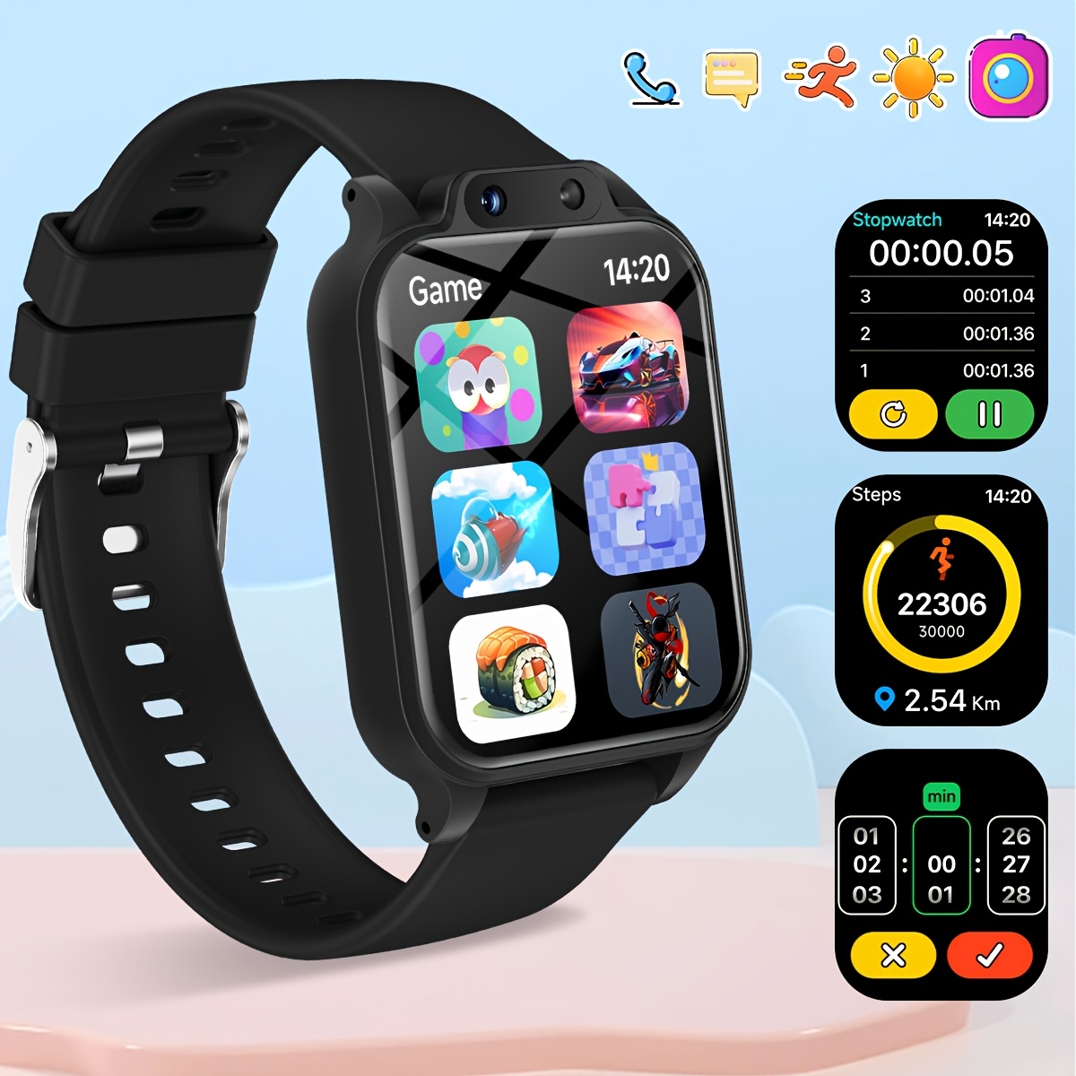 Kids Educational Watch - 18種類の教育ゲーム、HD自撮り対応、カメラ、USB充電、フォトアルバム、歩数計を搭載した若者向けスマートウォッチ